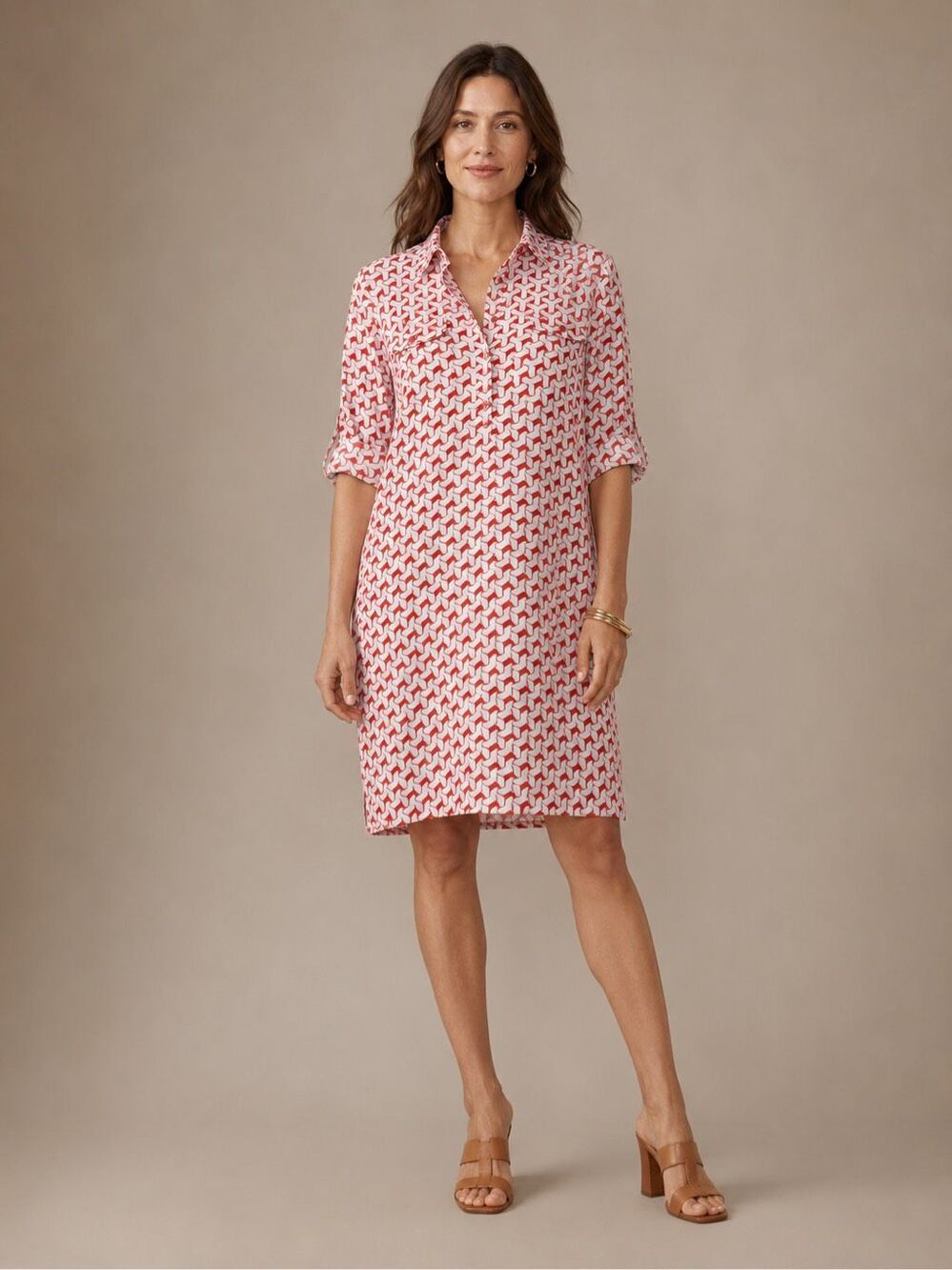 J. McLaughlin Geometric Print Shirt Dress Coral-Red White Size Large